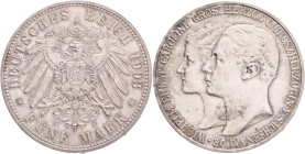 SAXONY-WEIMAR-EISENACH WILHELM ERNST 5 Mark 1903 A Groszherzog WILHELM ERNST and FEODORA second marriage, J#159 Silver Ag.900 27,77g 38mm mint Berlin
