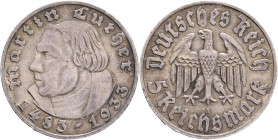 Third Reich 5 Mark 1933 A Martin Luther, J#353, Ag.900 13,88g , 29mm, Berlin patina