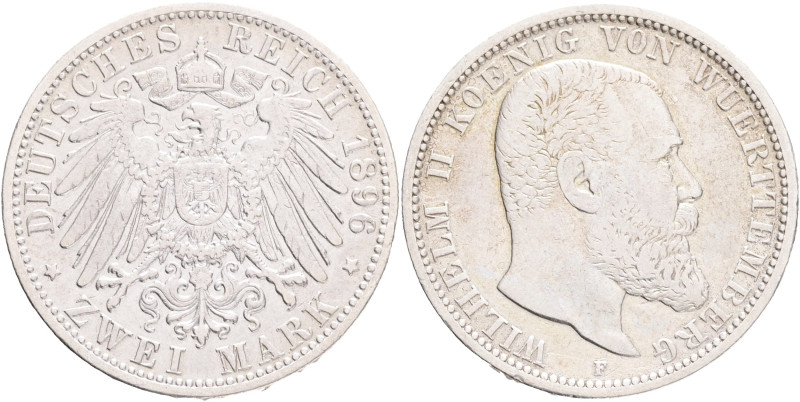 WUERTTEMBERG WILHELM II. 2 Mark 1896 F, J#174, Ag. 900 11,10g, 27,82/2,16mm, Stu...
