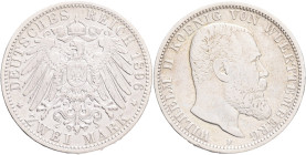 WUERTTEMBERG  WILHELM II.  2 Mark 1896 F, J#174, Ag. 900 11,10g, 27,82/2,16mm, Stuttgart, patina