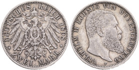 WUERTTEMBERG  WILHELM II.  2 Mark 1898 F,  J#174, Ag.900 11,11g 28/2,1mm,  Stuttgart