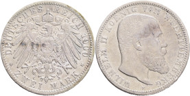 WUERTTEMBERG  WILHELM II.  2 Mark 1900 F,  J#174, Ag.900 11,11g 28/2,1mm,  Stuttgart