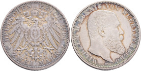 WUERTTEMBERG  WILHELM II.  2 Mark 1904 F, J#174, Ag.900 11,11g,  28/2,5mm , Stuttgart