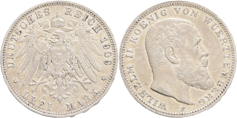 WUERTTEMBERG WILHELM II. 3 Mark 1909 F, J#175, Ag. 900 16,66g 33mm, Stuttgart, n...