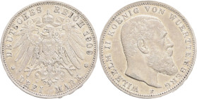 WUERTTEMBERG  WILHELM II.  3 Mark 1909 F,  J#175, Ag. 900 16,66g 33mm, Stuttgart, nice patina