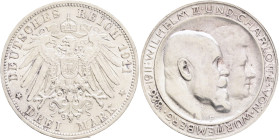 WUERTTEMBERG  WILHELM II.  3 Mark 1911 F,  Willhelm and Charlotte - silver wedding anniversary, J#177, Ag.900 16,67g 33mm, Stuttgart