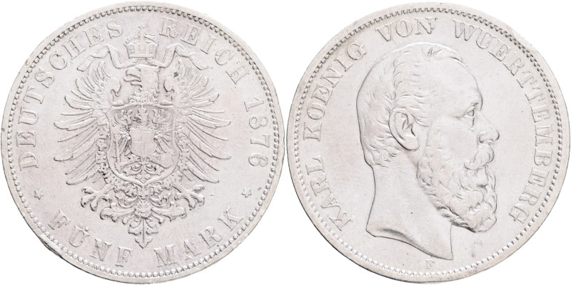WUERTTEMBERG KARL I. 5 Mark 1876 F, J#173, Ag. 900 27,48g, 38mm, Stuttgart 

X...