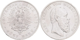 WUERTTEMBERG  KARL I.  5 Mark 1876 F, J#173, Ag. 900 27,48g, 38mm, Stuttgart