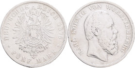 WUERTTEMBERG  KARL I.  5 Mark 1876 F, J#173, Ag. 900 27,47g 38mm, Stuttgart