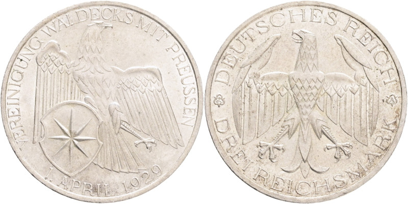 Weimar republic 3 Mark 1929 , Waldecks with Preussen, J#337, Ag. 500 15,g, 30/2,...