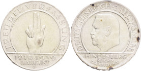 Weimar republic 3 Mark 1929 J,  10th anniversary of the founding of the Weimar Republic, J#340, Silver Ag. 500 15g 30mm, Hamburg