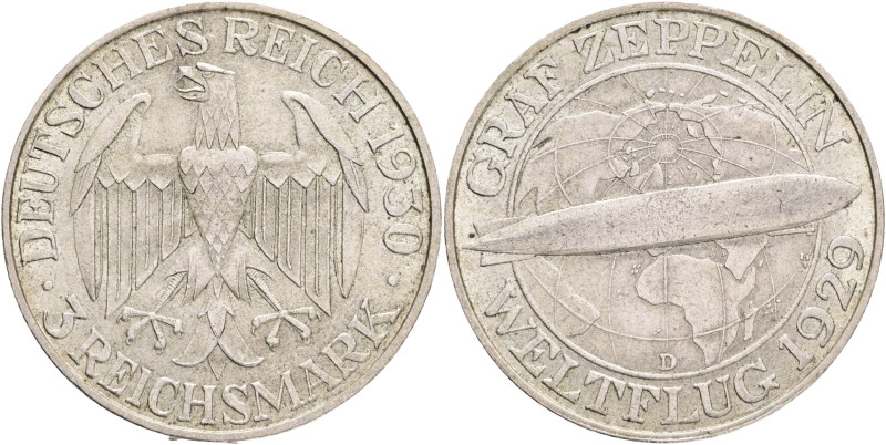 Weimar republic 3 Mark 1930 D, Zeppelin, J#342, Ag. 500 14,98g, 30/2,1 mm, Munch...