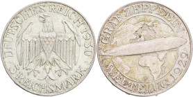 Weimar republic 3 Mark 1930 F,  Zeppelin, J#342, Ag. 500 14,98g, 30/2,1 mm, Stuttgart