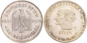 Weimar republic 3 Mark 1931 A 100th Anniversary Death Heinrich vom Stein, J#348, Ag. 500 15,0g, 30/2,5 mm Berlin