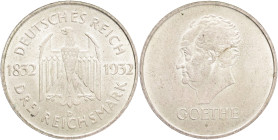Weimar republic 3 Mark 1932 D Centenary - Death of Goethe , J#350, Ag.500 15g , 30mm, Munich