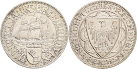 Weimar republic 5 Mark 1927 A 100th Anniversary - Bremerhaven,  J#326 Ag.500 25g 36mm mint Berlin