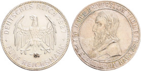 Weimar republic 5 Mark 1927 F 450th Anniversary of the Tubingen University, J#329, Ag.500 25g , 36mm, Stuttgart, place with lustr mint