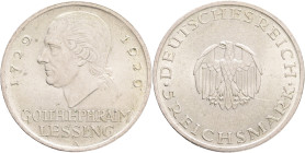 Weimar republic 5 Mark 1929 A 200th Anniversary of Gotthold Lessing,  J#336, Ag.500 25g , 36mm, Berlin