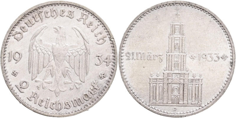 Third Reich 2 Mark 1934 E, J#355, Ag.625 8g, 25/2,15mm, Muldenhutten 

XF/VF