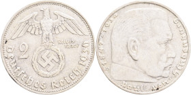 Third Reich 2 Mark 1936 D, J#366, Ag.625 8g, 25/2,15mm, Munchen, not cleaned, better year and mint