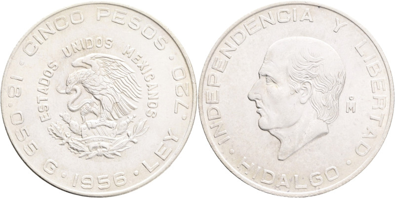 Mexico 5 Pesos 1956 Mo, Independencia Y Libertad HIDALGO, Mexican rep. KM#469 Ag...