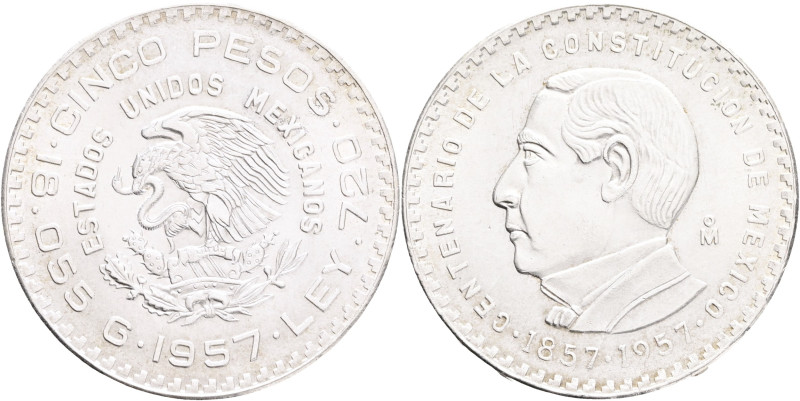 Mexico 5 Pesos 1957 Mo, 100th Anniversary of Constitution, Mexican rep. KM#470 A...