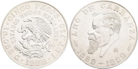 Mexico 5 Pesos 1959 Mo, Centennial of Caranzas Birth, Mexican rep. KM#471 Ag.720 18,05mm 36mm , Mexican Mint