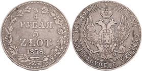 NICHOLAS I. 3/4 Ruble / 5Zlotych 1838 MW C#133 Ag.868  15,6g 33mm