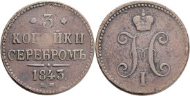 NICHOLAS I. 3 Kopecks Serebrom 1843 EM  C#146.1 Cooper 30,72g 39mm  Ekaterinburg Mint