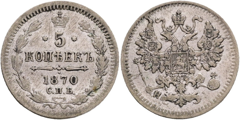 ALEXANDER II. The Liberator 5 Kopecks 1870 SPB HI Y#19a.1 Ag.500 0,9g 15,1mm St....