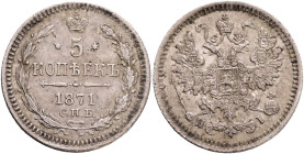 ALEXANDER II. The Liberator 5 Kopecks 1871 SPB HI  Y#190.1 Ag.500 0,9g 15,1mm patina St.Petersburg, mintmaster Nikolai Iossa RR!