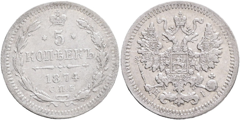 ALEXANDER II. The Liberator 5 Kopecks 1874 SPB HI Y#19a.1 Ag.500 0,9g 15,1mm St....