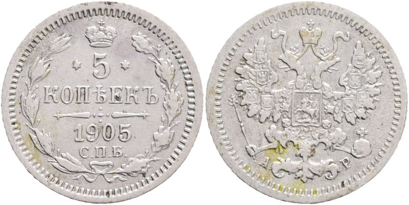 NICHOLAS II. 5 Kopecks 1905 SPB AR Y#19a.1 Ag.500 0,9g 15,1mm St.Petersburg, min...