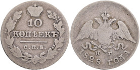 NICHOLAS I. 10 Kopecks 1828 SPB HG  C#157 Ag.868 2,07g 17,65mm St.Petersburg, mintmaster Nikolai Grachev R!