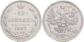 ALEXANDER II. The Liberator 15 Kopecks 1867 SPB NI Y#21a.2 Ag.500 2,07g 19,7mm  St.Petersburg, mintmaster Nikolai Iossa