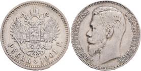 NICHOLAS II. 1 Ruble 1901  FZ Y#59.3 Ag.900  20g 33,65mm  St.Petersburg mintmaster  Felix Zelman