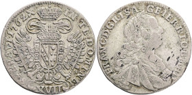 FRANCIS I. StephanLORAINNE 1745-1765 XVII. Kreutzer 1762, mintmaster Erdmann, R!, Hal#1992 Silver Ag.542, 6,00g 29mm, Prague