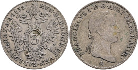 FRANCIS II. 1792-1835  3 Kreutzer 1832 A, KM#2121 Billon Ag.346, 1,67g 18mm, Vienna