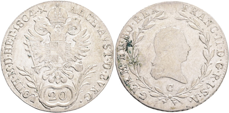 FRANCIS II. 1792-1835 20 Kreutzer 1804 C, KM#2139 Ag.583 6,63g 28/1,4mm, Prague ...