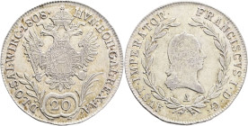 FRANCIS II. 1804-1835 20 Kreutzer 1808 A, KM#2141 , Ag.583, 6,59g,  28,3mm, Vienna