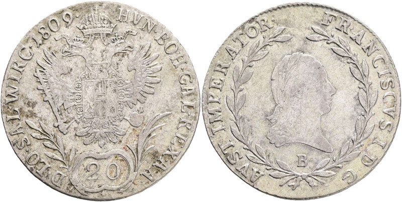 FRANCIS II. 1804-1835 20 Kreutzer 1809 B, KM#2141 Ag.583 6,68g 28/1,2mm, Kremnic...