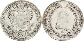 FRANCIS II. 1804-1835 20 Kreutzer 1811 A, KM#2142 Ag.583 6,68g 28,3mm, Vienna