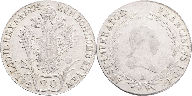 FRANCIS II. 1804-1835 20 Kreutzer 1824 A, KM#2119 , Ag.583, 6,64g ,28/1,2mm, Vie...