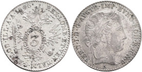 FERDINAND I. 1835-1848 3 Kreutzer 1846 A, K, M#2191 Billon Ag.346, 1,65g, 17,8/0,8 mm, Vienna