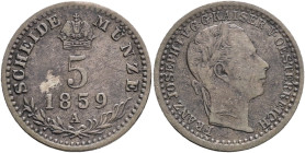 FRANCIS JOSEPH  I. 1848-1916 5 Kreutzer 1859 A, KM#2197 Billon Ag.375, 1,333g 16mm, Vienna