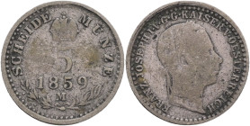 FRANCIS JOSEPH  I. 1848-1916 5 Kreutzer 1859 M, KM#2197 Billon Ag.375, 1,333g 16mm, Milan
