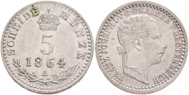 FRANCIS JOSEPH  I. 1848-1916 5 Kreutzer 1864 A, KM#2197 Billon Ag.375, 1,333g 16mm, Vienna