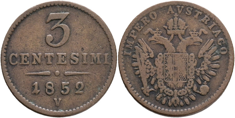 FRANCIS JOSEPH I. 1848-1916 3 Centesimi 1852 V, C#30 copper 3,28g 19/1,5mm, Veni...