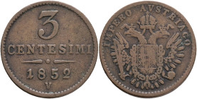 FRANCIS JOSEPH  I. 1848-1916 3 Centesimi 1852 V, C#30 copper 3,28g 19/1,5mm, Venice