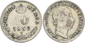 FRANCIS JOSEPH  I. 1848-1916 10 Kreutzer 1859 V, KM#2204 Ag.500, 2g 18mm, Venice